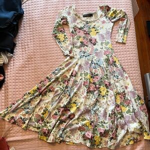Vintage 90s Karen Kane Cream Floral Midi Dress -sz S